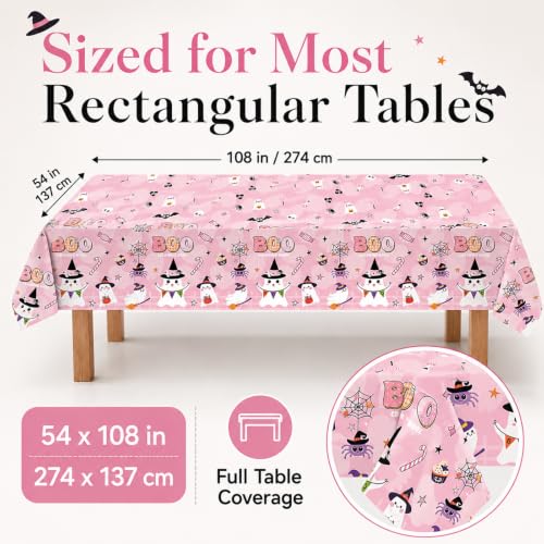 Pink Boo Halloween Plastic Tablecloth - 2PCS Rectangular Disposable Spooky Party Cover - Pink, Ghosts & Bats - 108x54 Inches - Halloween Variation