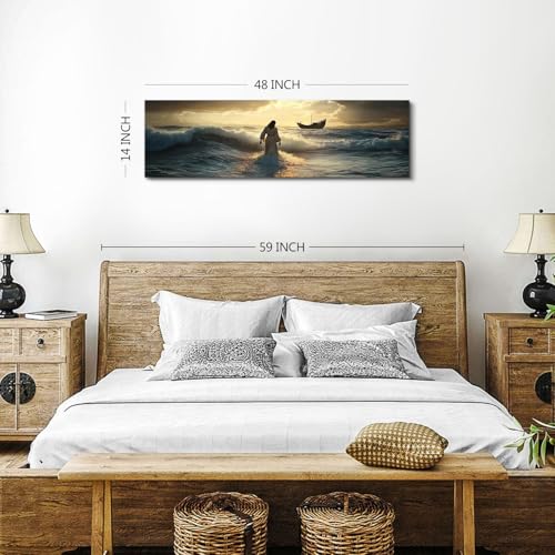 Jesus Walking on Water Canvas Wall Art - 14x48 Inch Religious Home Decor - Variation: Jesus01