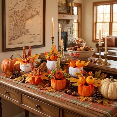 Velvet Fall Pumpkin Decor Set - 6 Artificial Mini Pumpkins for Halloween Thanksgiving