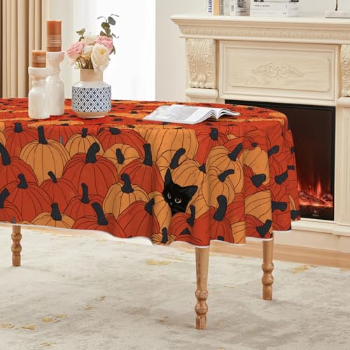 Fall Tablecloth 60 x 84 Inch Oval Black Cat Pumpkin Seasonal Orange