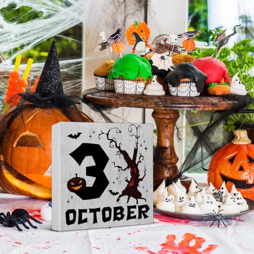 Halloween Wooden Sign Decor - 5x5 Inch Spooky Ghost Theme Table or Wall Sign