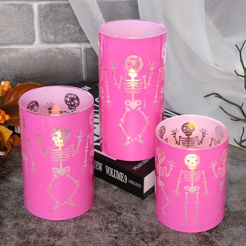 Pink Skeleton Flameless Candles with Haunted Skeleton Decals - Halloween Decor