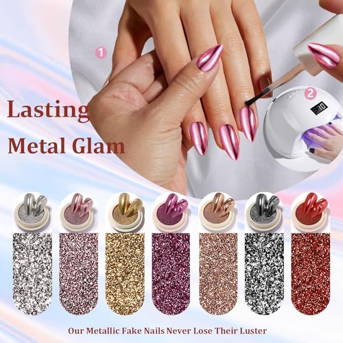 Black Chrome Almond Press On Nails - Medium Length Metallic Fake Nails for Women