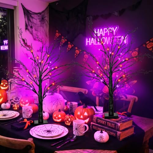Halloween Spooky Black Tabletop Tree Set - 24 Inch LED Indoor Decor with Timer & USB/Battery - Style 2