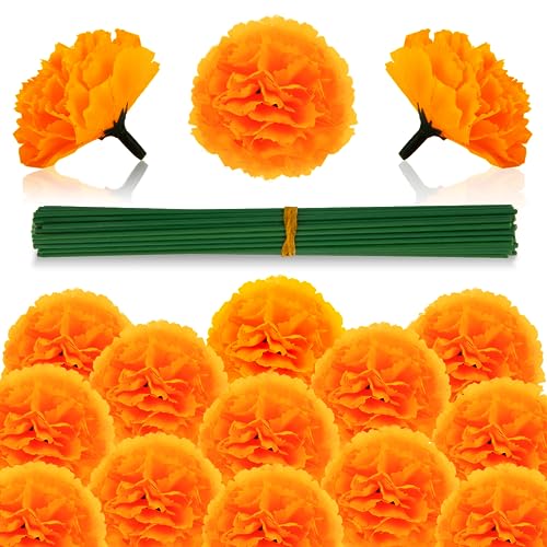 Artificial Marigold Flowers Heads Bulk 50Pcs for Day of The Dead Halloween Diwali Home Decor - Orange