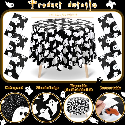 Halloween Ghost Tablecloths 84 Inch Round White Black Ghost Pattern - Pack of 6