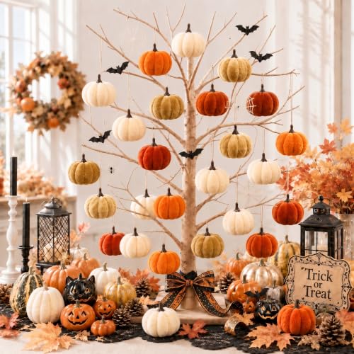 24 Pcs Halloween Velvet Mini Pumpkins - Faux Fall Decor, Small Faux Pumpkins, Craft Supplies, Gift Box Included