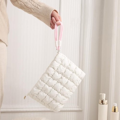 DOB SECHS Puffer Quilted Makeup Bag with Handle, Cute Puffy Cotton Cosmetic Bags for Women, Mini Checkered Toiletry Zipper Pouch, Travel Essentials Storage Organizer Clutch Pouches Pencil Case, Orange