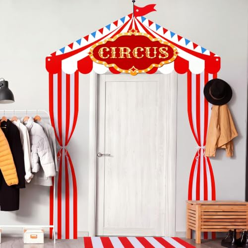 Circus Carnival Party Decorations Set with Red Fringe Curtain and Banners