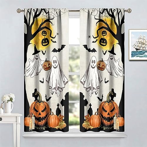 Halloween Curtains for Living Room - 42x45 Inch Cartoon Ghost Pumpkin Moon Decor - Orange Pack of 2
