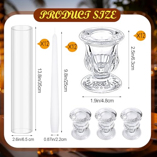 12-Piece Glass Candle Holder Set with White Candles for Weddings & Events
