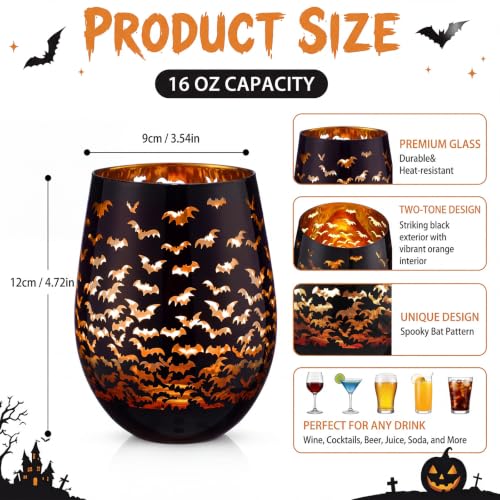 Halloween Bat Wine Glass Set - 2 Black and Orange 16oz Stemless Cocktail Glasses