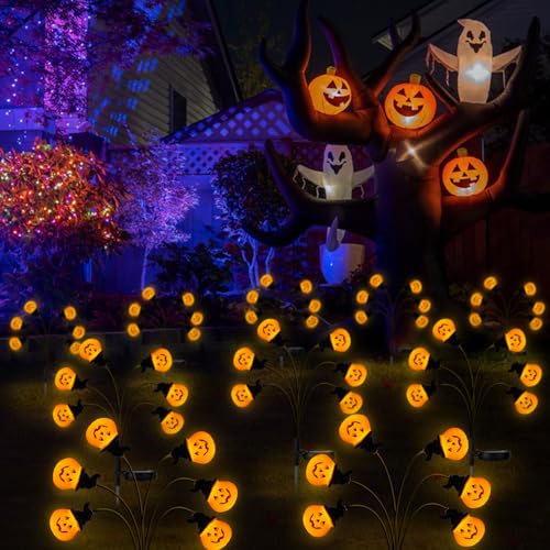 Outdoor Halloween Pumpkin Stake Lights with Solar Fireflies - Waterproof Yard Decor