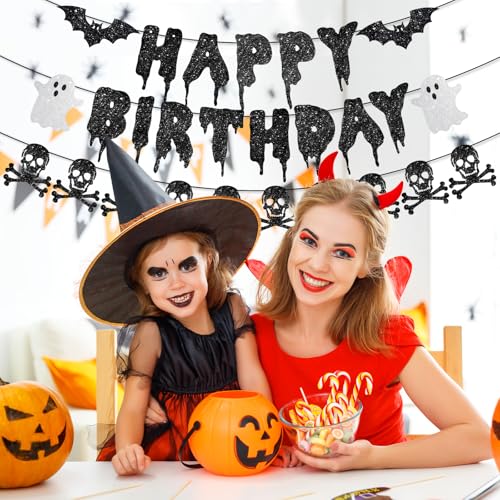 Pre-String Black Happy Birthday & Halloween Skull Banner Glitter Decorations