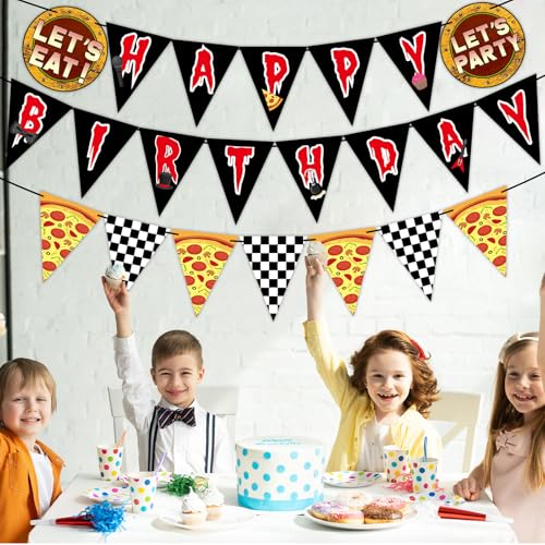 Horror Game Birthday Banner Set - Spooky Checkered Pizza Theme Party Flags