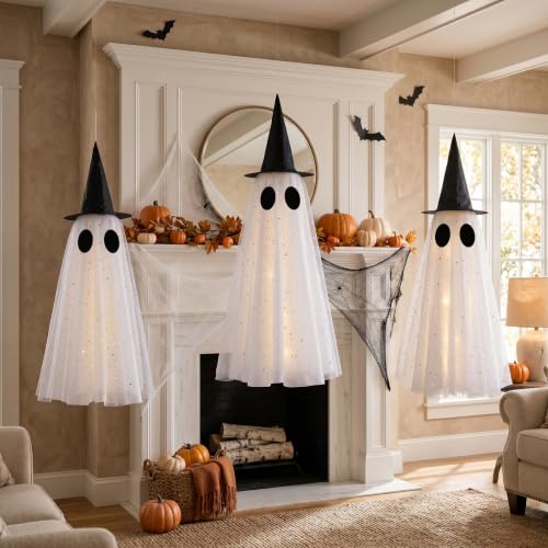 Halloween Hanging Ghost Decorations Set - 17.7/21.6/25.6 Inch Outdoor Ghosts with Witch Hat & Glowing Lights