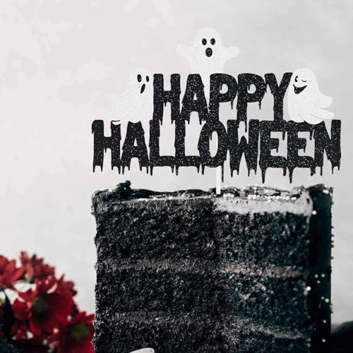 Halloween Cake Topper Spooky Ghost Decoration - Black Glitter Party Supplies