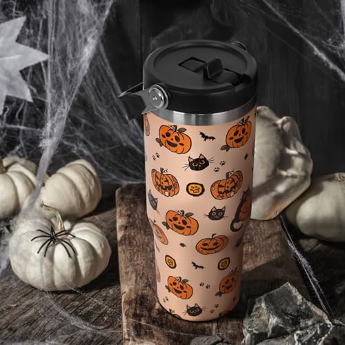 Halloween Black Cat Pumpkin Tumbler with Lid & Straw 30oz - Spooky Fall Gift