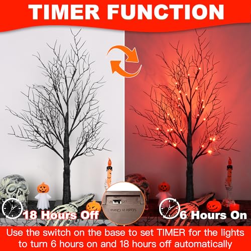 Indoor Halloween Spooky Tree Lights 24 Inch 2 Pack with Orange Red LED & Timer - Battery & USB Operated Decor