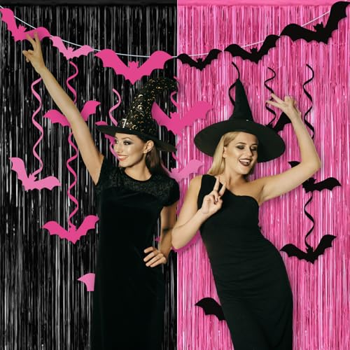 Pink Halloween Party Decorations with Fringe Curtains and Bat Design - Pink & Black Variation