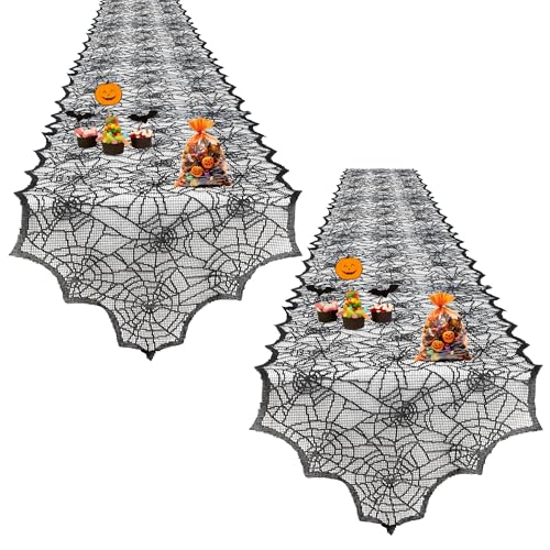 Halloween Table Runner 2 Pack Black Lace Spider Web 14x48 Inch Gothic Decor