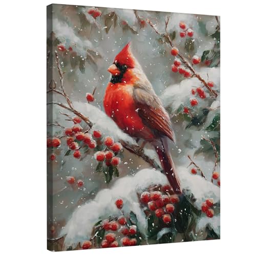 Winter Cardinal Canvas Wall Art - Vintage Christmas Scene 11x14 Inch