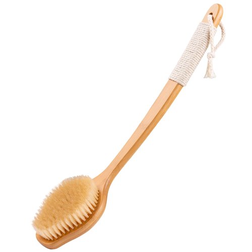 Bamboo Back Scrubber for Shower with Curved Long Handle - Stiff Natural Boar Bristles for Men and Women, Deep Cleansing and Exfoliating, Anti-Slip Grip for Wet or Dry Brushing