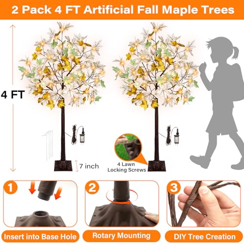 Lighted Artificial Fall Tree with Timer - 4FT White Maple Decor for Autumn & Halloween