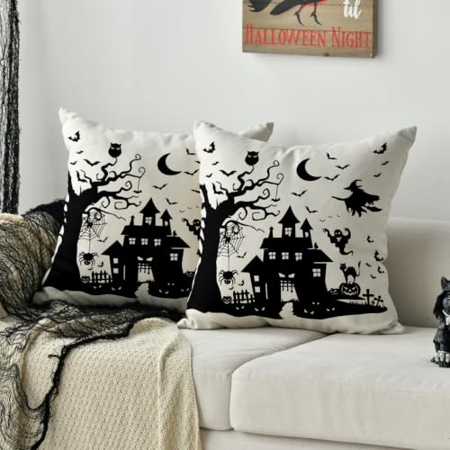 Halloween Dead Tree Haunted House Throw Pillow Covers 18x18 Inch - Pack of 2, White