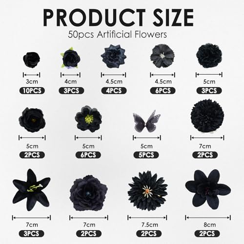 Black Artificial Flowers Bulk - Mini Silk Flower Heads for DIY Crafts, Wedding, Party & Home Decor - Variation: Black