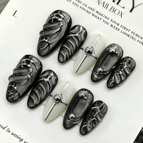 Black Y2K Press On Nails Medium Almond Gothic False Nails Style-20