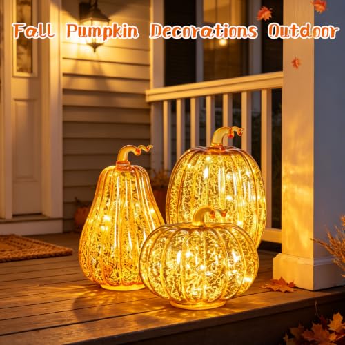 Gold Mercury Glass Pumpkin Lights Set - 3 LED Fall Halloween Porch Lanterns