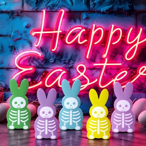 Halloween Skeleton Bunny Wooden Table Decor Set - Spooky Gothic Bunny Signs