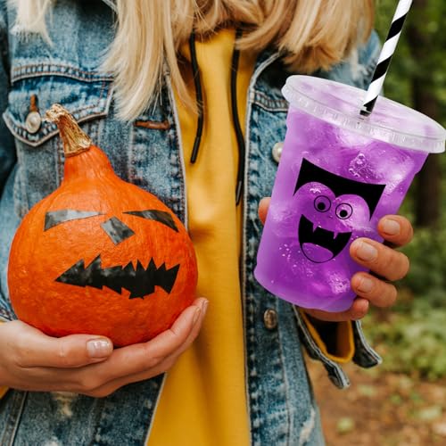 Halloween Face Disposable Plastic Cups with Lids & Straws - 12 oz Party Favors