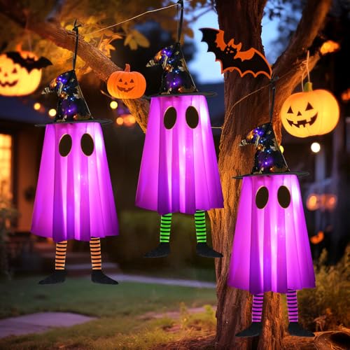 3-Pack Halloween Hanging Ghost Lights with Witch Hats - Outdoor Decor, Purple & Orange, Waterproof, Timer