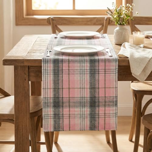 Pink Grey Farmhouse Table Runner 13x120 Inch Spring Holiday Kitchen Decor