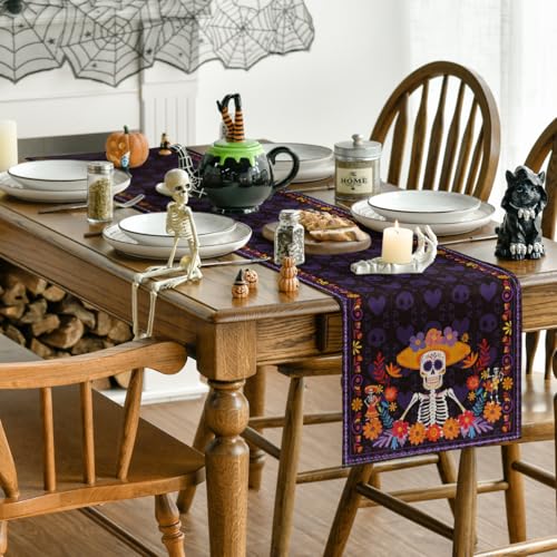 Daisy Skull Day of The Dead Table Runner - Mexican Kitchen Decor, 13x72 Inches