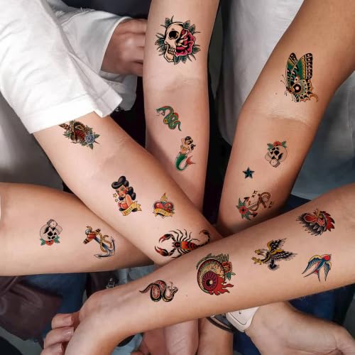 Temporary Tattoos Set 96PCS American Traditional Retro Style Adults - Retro Heart Variation