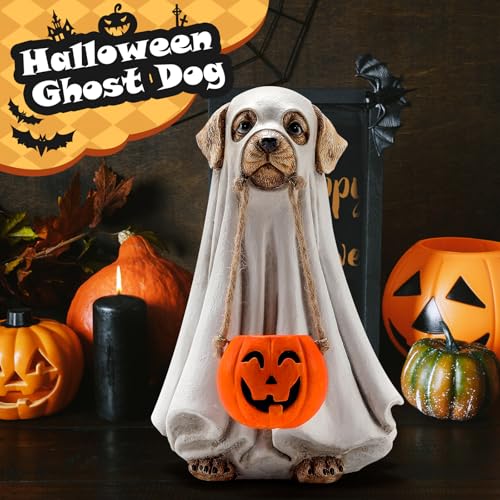 Halloween Ghost Dog Figurines with Small Pumpkin Tabletop Decoration - Handcrafted Cute Dog Halloween Decor - Variations of Ghost Dog