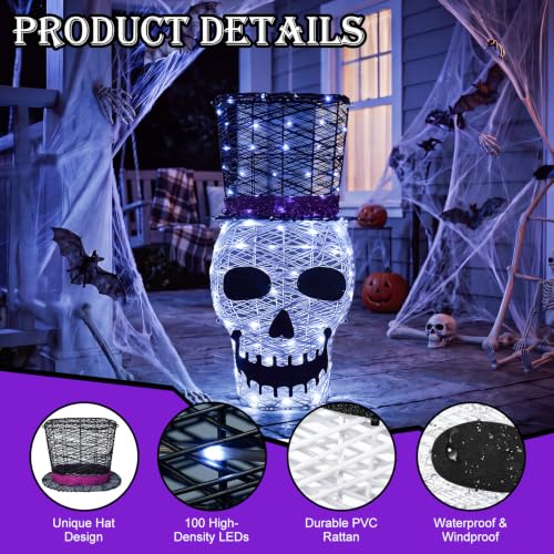 Rattan Skull Lighted Outdoor Halloween Decoration - 36" Haunted LED Skull with Top Hat