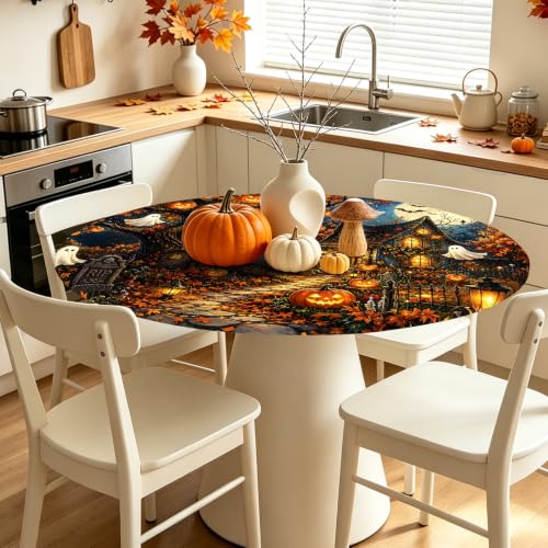Halloween Pumpkin Round Fitted Tablecloth with Elastic 40-44 Inch - Black