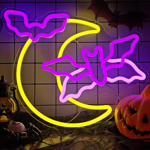 Halloween Neon Sign Moon Bat Flying Neon LED Light Halloween Decorations - Moon Bat Variation