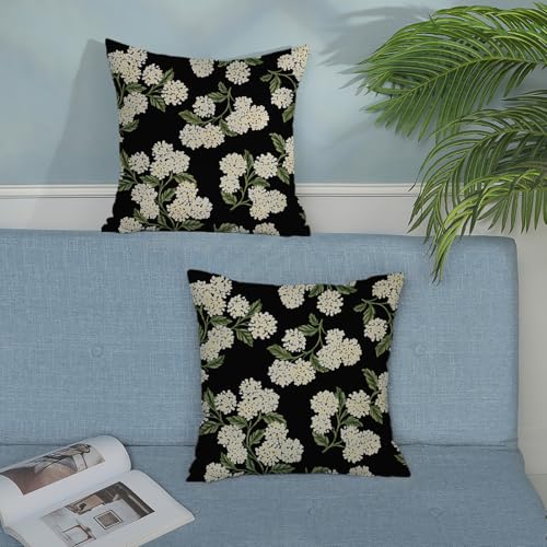 20x20 Inch Set of 2 Black Pillow Covers with Hydrangea Floral Pattern - Outdoor Linen Cushion Cases