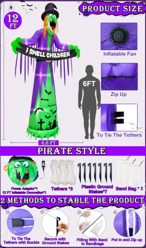 12FT Giant Halloween Inflatable Witch with LED Lights & Banner for Outdoor Decor