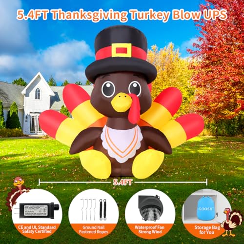 5.4 Ft Thanksgiving Inflatable Turkey with LED Lights for Outdoor Yard Decor