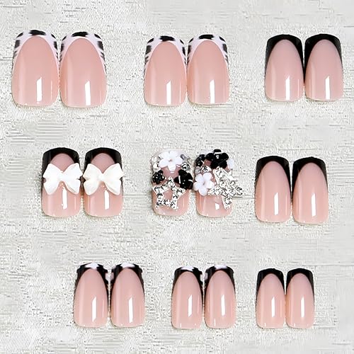 French Tip Press On Nails Short Square with Bow Star Charms Zebra Print Black & White 24Pcs