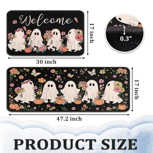 Halloween Ghost Kitchen Rugs and Mats Set - Non-Slip 17x47.2" + 17x30" - Spooky Holiday Decor
