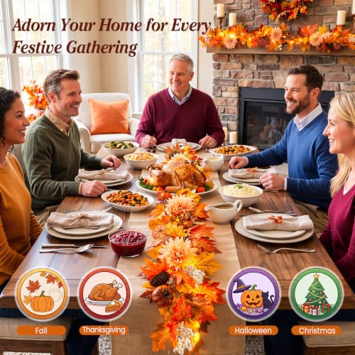 Burnt Orange Fall Garland with Lights - 6ft Autumn Decor with Fruits & Dahlia