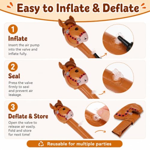 Inflatable Horse Stick Balloons - Reusable Brown PVC Western Party Decorations, 6 Pack