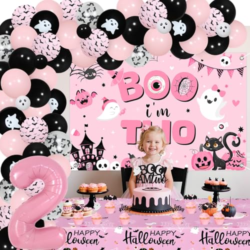 Halloween Birthday Balloon Arch Kit with Cake Toppers & Tablecloth for 2 Years Old Party